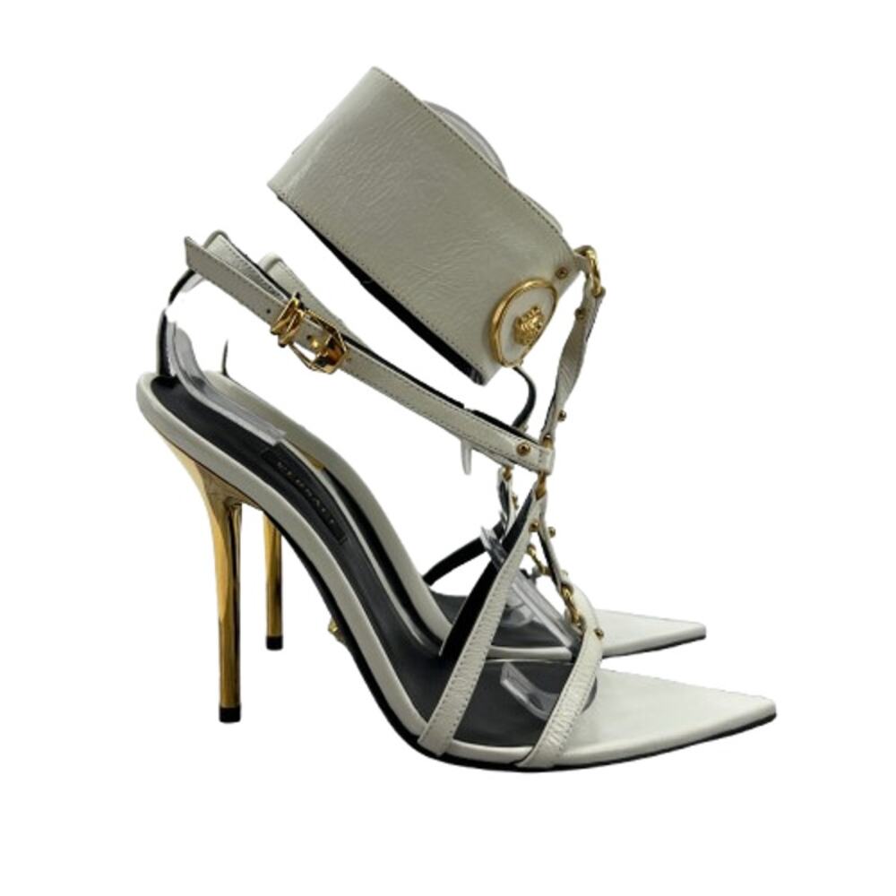 Versace Womens 36.5 Sandals White Medusa Strappy Leather High Heels Stiletto
